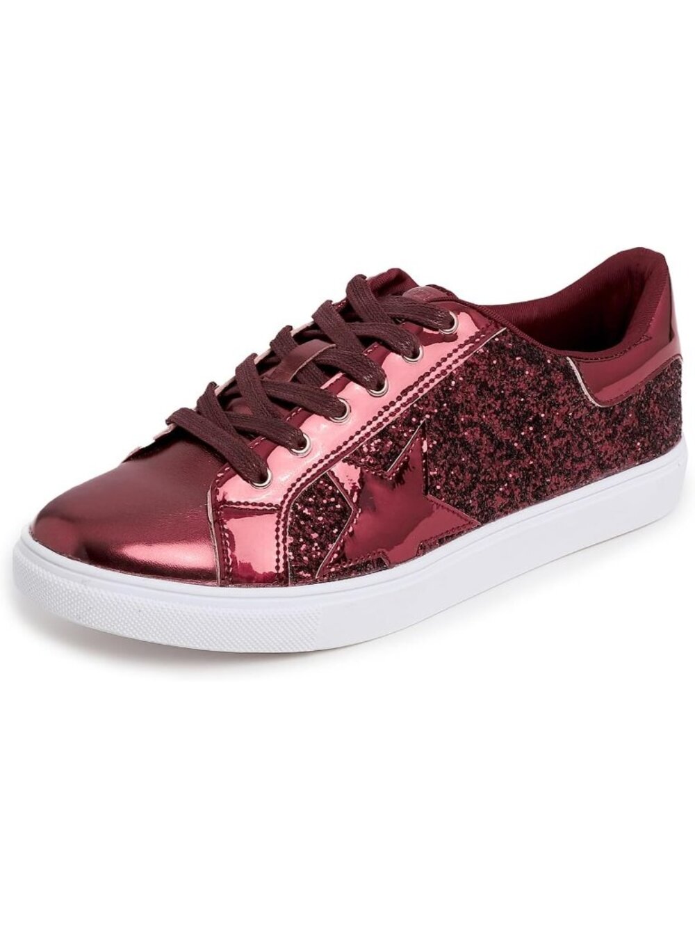 Women's Burgundy Glitter Star Lace Up Sparkly Party Shiny Fashion Sneakers